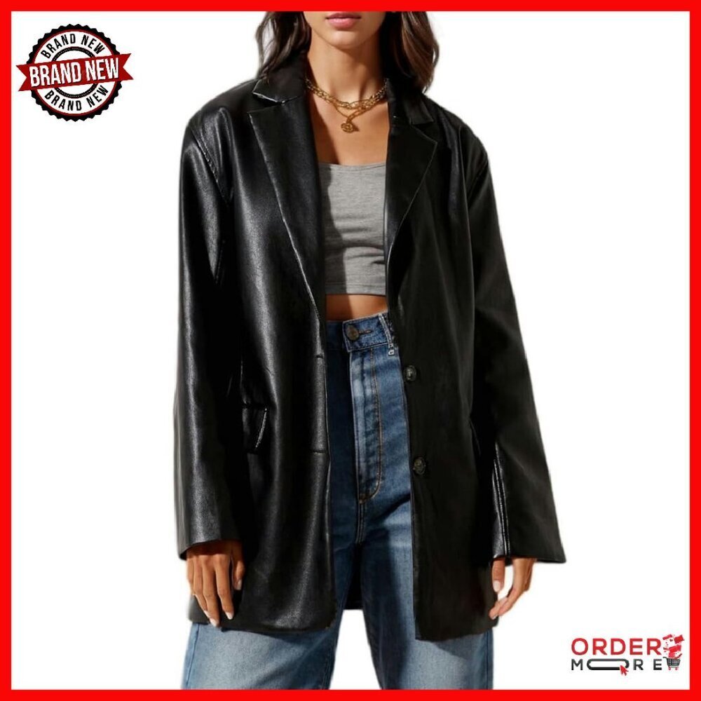 Women's PU Leather Shacket Blazer Coat Snap Button Oversized Fit